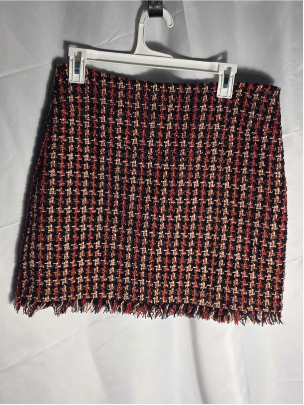 Women's NBD Tweed Mini Skirt Size L Black Red Plaid fall designer rare office